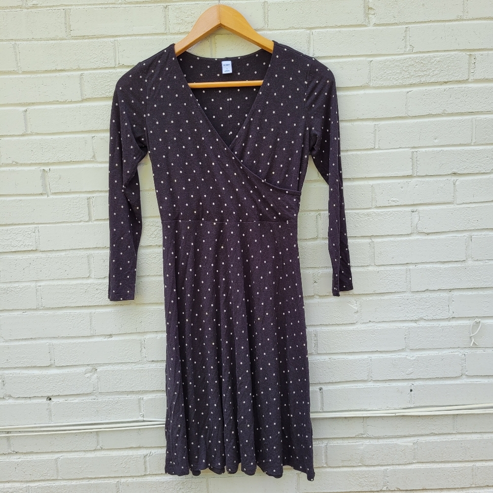 Old Navy Polka Dot Faux Wrap‎ Midi Dress Gray White Size Small